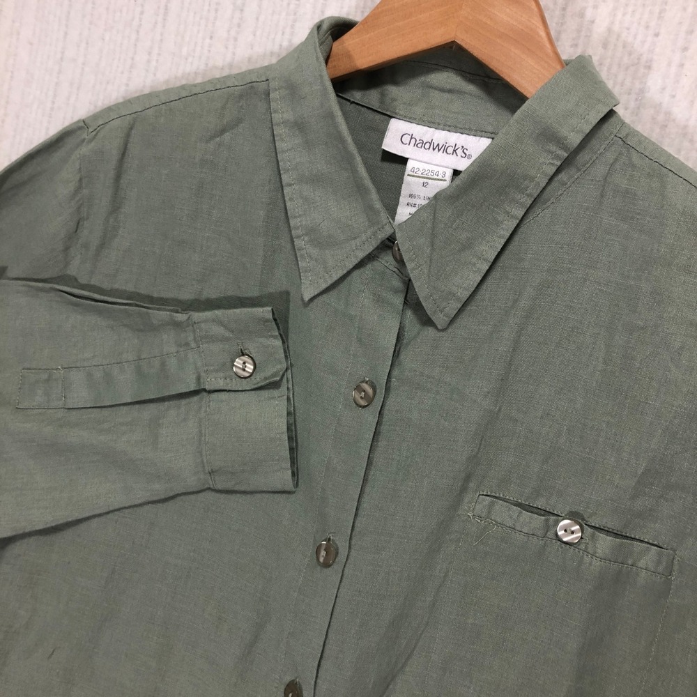 Chadwick's Button Down Long Sleeve‎ Shirt Womens 12 Green Linen Blend Casual